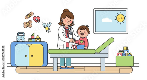 Pediatrician Examining Happy Child in Doctor's Office with Toys