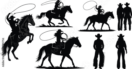 Black Silhouette Vector Set of Cowboys and Cowgirls Riding Horses, Throwing Lassos, Wild West Rodeo Scenes, and Country Western Lifestyle,