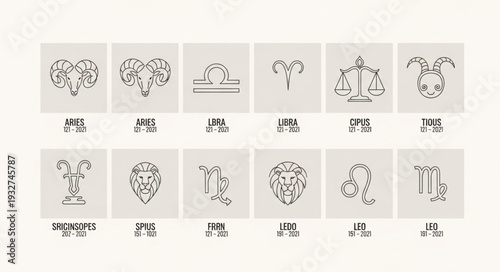 Zodiac signs illustration in a minimalist style, representing astrology and horoscopes.