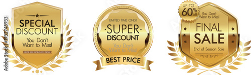 Golden sale badges for special discounts and promotions