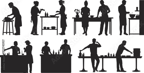 Silhouette of people cooking in kitchen, bartenders mixing drinks, serving food, hospitality restaurant bar service teamwork lifestyle vector illustration