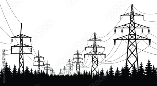 Silhouette of multiple high voltage transmission towers with electricity lines across forest landscape, energy infrastructure technology nature vector illustration