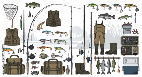 Comprehensive fishing gear illustration showcasing rods, tackle, and equipment for angling enthusiasts.