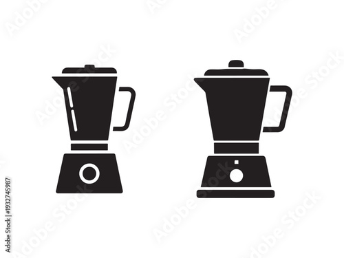 Two black coffee makers or blenders with handles and lids on white background  kitchen appliances