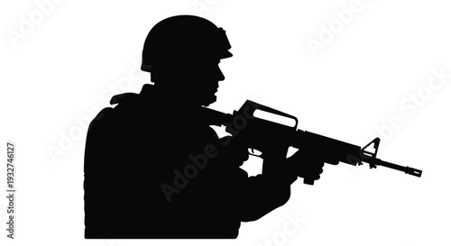 Silhouette of a soldier holding a rifle facing towards the right side