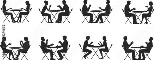 Silhouette of people sitting at tables engaged in conversation, communication, interview, meeting, café dialogue vector illustration