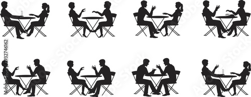 Silhouette of people sitting at tables engaged in conversation, communication, social interaction, interview, meeting, café dialogue vector illustration