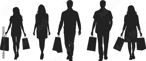 Vector illustration of group of people shopping silhouettes carrying bags, men and women walking forward representing retail, consumer activity, lifestyle.