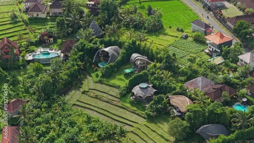 Aerial view of sideman bali village and rice paddies