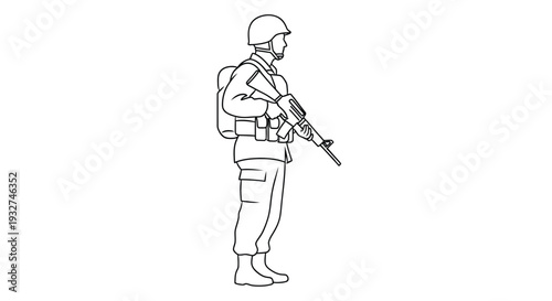 Line drawing of a soldier in uniform holding a rifle and wearing a helmet