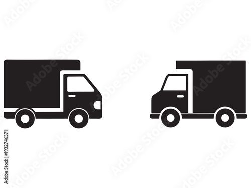 Two black delivery trucks facing opposite directions on white background  trucks are shown in profile with one driving to the right and the other to the left