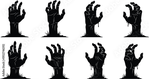 Black Silhouette Vector Set of Spooky Zombie Hands Rising From the Ground, Halloween Horror Elements, Undead Reaching Up, and Creepy Graveyard Symbols