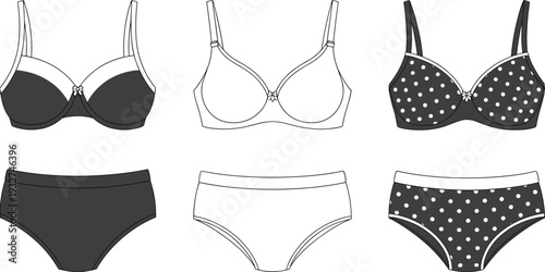 Women lingerie set collection isolated on white background featuring bra and panties in solid and polka dot design vector illustration