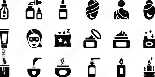 Vector illustration set of spa, skincare, wellness, and self-care icons including bottles, jars, candles, masks, steam bowls, relaxation.