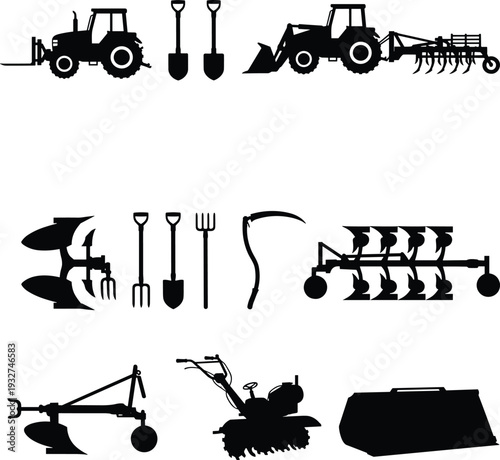 Agricultural tools silhouettes, farming equipment, tractor icon, plow outline, shovel figure, pitchfork design, sickle symbol, black illustration, rural art