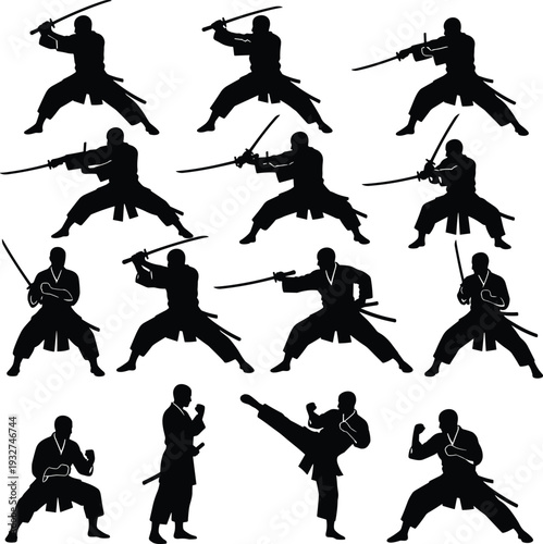 Martial arts silhouettes, sword fighters, karate poses, kendo icon, taekwondo figure, combat design, black illustration, discipline art, training symbol