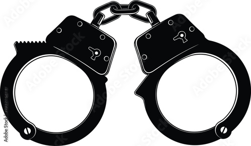 Black and White Handcuffs Vector Illustration Representing Law Enforcement, Criminal Justice, Police Equipment, Arrest, Freedom Constraints, Security, and Legal System Concepts