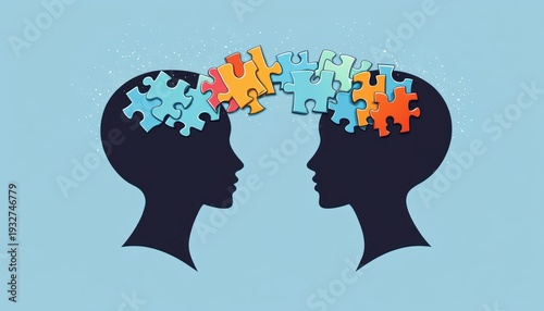 Wallpaper Mural Two silhouetted human profiles facing each other with colorful puzzle pieces bridging their open heads, conveying connection, shared thinking, empathy and collaboration Torontodigital.ca