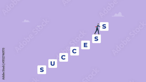 Businessman places cube lettering success word as stairway. Vector illustration for business improvement to success concept.