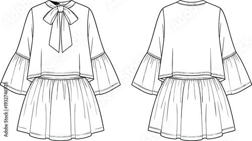 Two-piece outfit flat sketch, fashion design, bow top, flared sleeve blouse, gathered skirt, garment illustration, clothing technical drawing, apparel outline