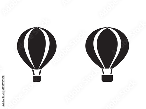 Two black hot air balloons with white stripes on white background  simple iconic travel symbols