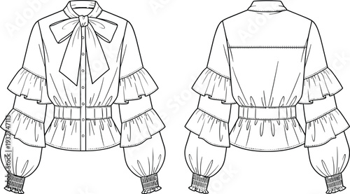 Women’s blouse flat sketch, bow neckline, tiered ruffle sleeves, button-down design, smocked cuff, fashion garment illustration, clothing technical drawing