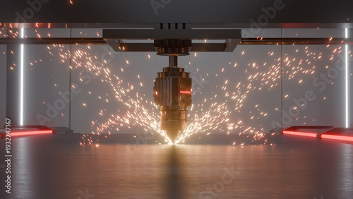 Industrial laser cutting of sheet metal on modern factory equipment, bright sparks, metal production shop, neon. 3D rendering