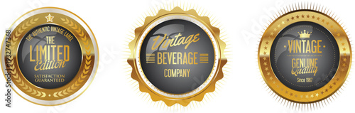 Three gold and black vintage cigar labels on a white background