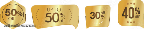Golden discount labels with various percentage off offers