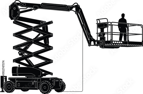 Black vector silhouette of hydraulic scissor lift with operator, aerial work platform for construction, industrial maintenance equipment, isolated on white background.