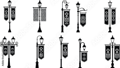 Set of black and white vector silhouettes of vintage street lamps and lanterns in classic metal design