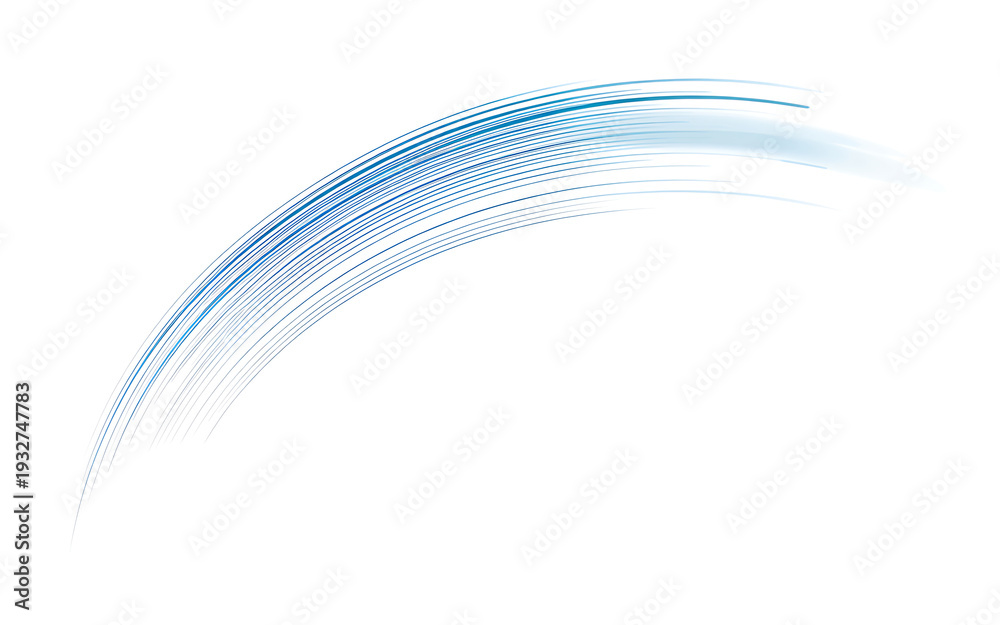 Obraz premium Abstract blue light trails forming a graceful arc on a white background, symbolizing speed and digital connection.