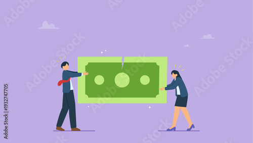 Business people fighting over a market income share tearing big dollar apart, divide profits, financial conflict, tearing money, conflict concept.