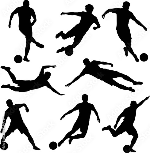 Soccer player silhouette set football athlete action poses vector illustration sport dribbling kicking collection designSoccer player silhouette set football 