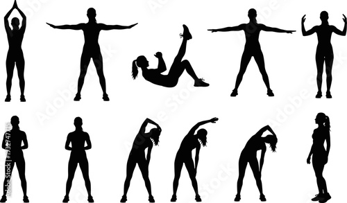 Fitness woman silhouette set exercise workout poses vector illustration female athlete training stretching collection design