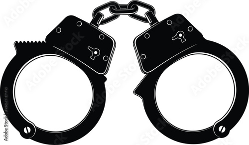 Black and white vector illustration of metal handcuffs, police equipment for arrest, law enforcement, crime, justice, and security concepts, isolated.