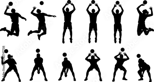 Basketball player silhouette set jumping catching ball vector illustration sport athlete action pose collection design