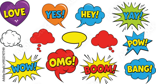 Comic speech bubbles set pop art text effects vector illustration love wow boom bang collection design