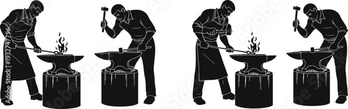Blacksmith silhouette set forging metal on anvil vector illustration industrial worker hammering steel craftsman collection design