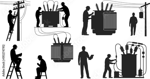 Electrician worker silhouette set transformer maintenance vector illustration electrical engineer lineman power line service technician collection equipment