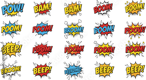 Comic sound effects set pop art explosion speech bubbles vector illustration colorful retro boom bam beep collection