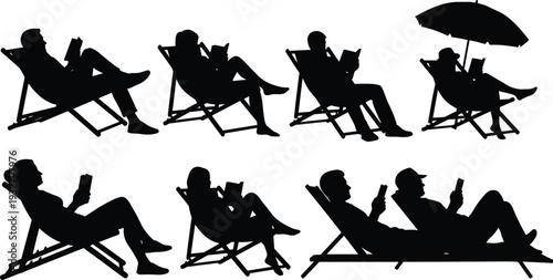 Silhouette set of people relaxing in deck chairs reading books, summer vacation leisure activities, beach outdoor furniture icons, isolated vector illustration.