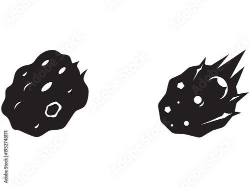 Two black meteorites or asteroids with craters and spikes in space  isolated on white background