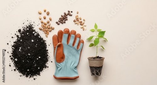 Overhead view of gardening essentials, including rich soil, various seeds, durable gloves, and a small potted plant on a textured background.
