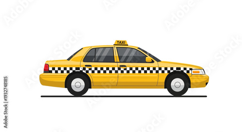 Yellow taxi car with checkered stripe, isolated on white background