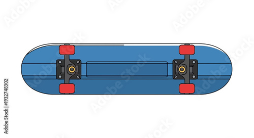 Blue skateboard from above, detailed view of trucks and wheels