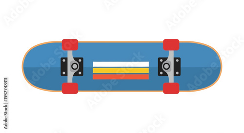 Blue skateboard with red wheels and colorful stripes on white background