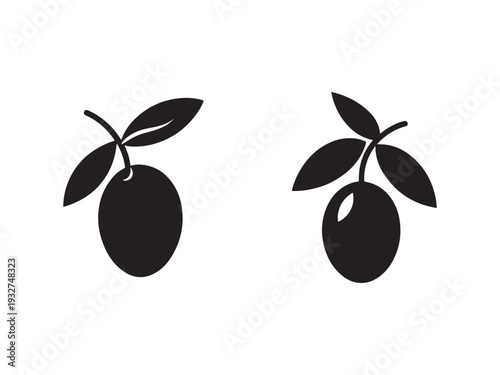 Two black olives with leaves on white background  simple fruit icons