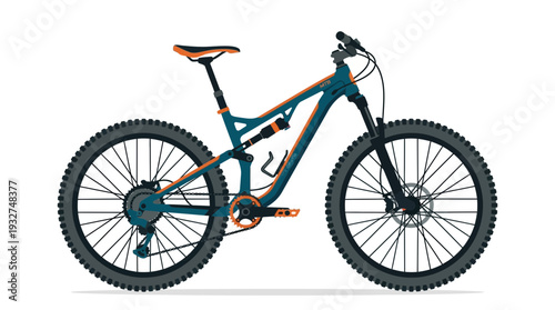 Full suspension mountain bike, teal and orange, isolated on white background