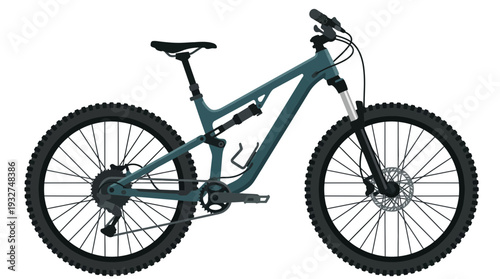 Full Suspension Mountain Bike, Teal Color, Isolated on White Background